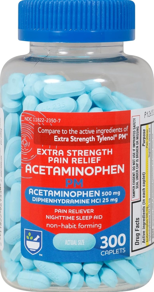 Rite Aid Extra Strength Pain Relief Acétaminophène PM Caplets, 500mg Acétaminophène / 25mg Diphénhydramine - 300 Compte - Relief de douleur nocturne + Aide au sommeil