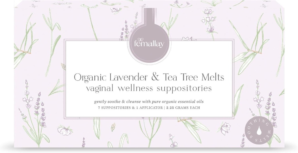 Femallay Organic Lavender and Tea Tree Vaginal Cleansing Suppositories for Hygiene, 100% Natural Melts for Feminine Care, Great for Dryness and More, 7 Individually-Sealed Melts + 1 Applicatore