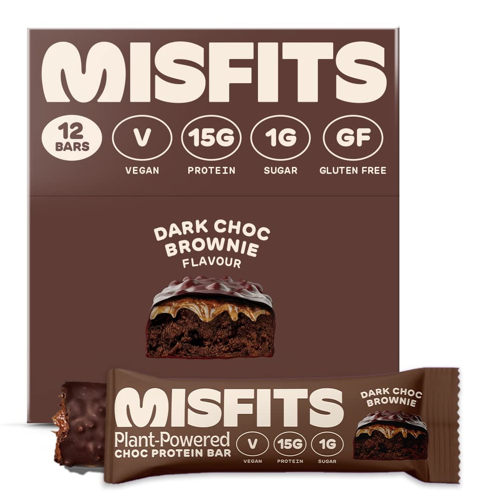 Misfits Vegan Protein Bars, Dark Chocolate Brownie - Original Recipe | Glutenfrei, Pflanzenbasiert, Low Sugar & Carb, High Fiber Snacks | Paket von 12