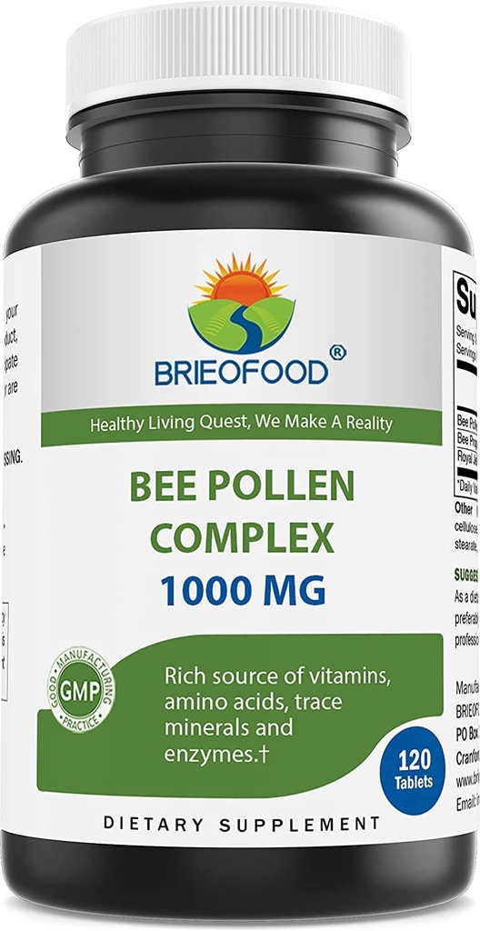 Brieofood Bee Pollen Complex 1000 mg 120 compresse - Realizzate con polline di api, Propoli di api, & polvere di gelatina reale