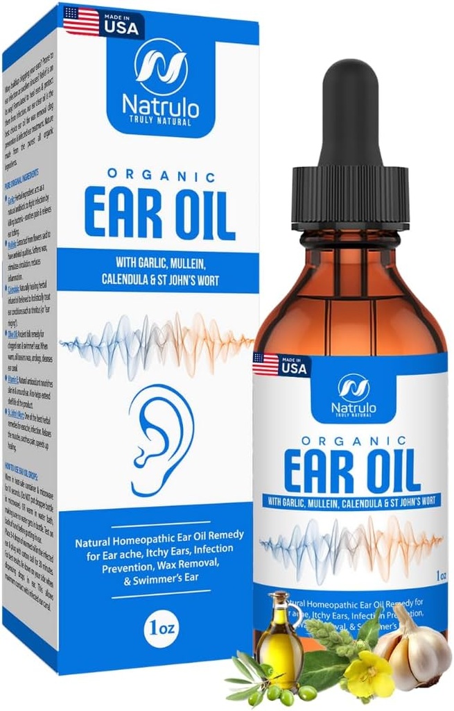 Olio per l'orecchio organico per l'infezione dell'orecchio - Gocce naturali per la prevenzione dell'arache, Rimozione dell'orecchio e della cera di Swimmer - Bambini, Adulti, Baby, & Dog Earache Remedy - con Mullein, Aglio, Calendula Made in USA