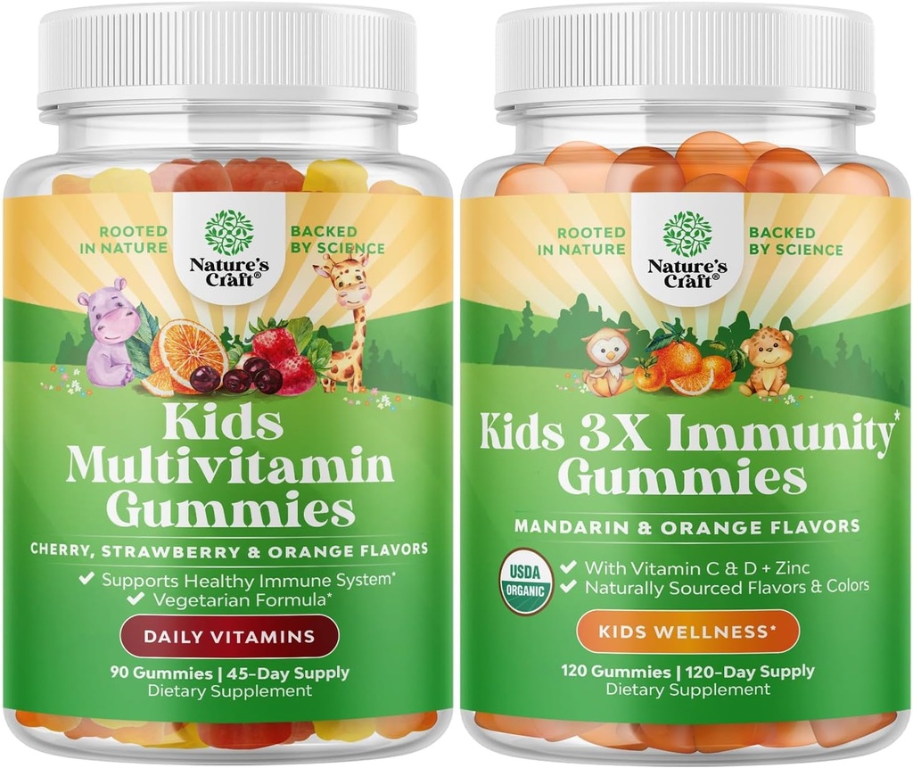 Bundle di piante a base di bambini multivitaminici Gummies - con vitamine A, C, D3, E, B6 & B12, Zinc & Iodine e Organic Kids Supporto immunitario Gummies - Vegan Organic Vitamin D con vitamina C e zinco