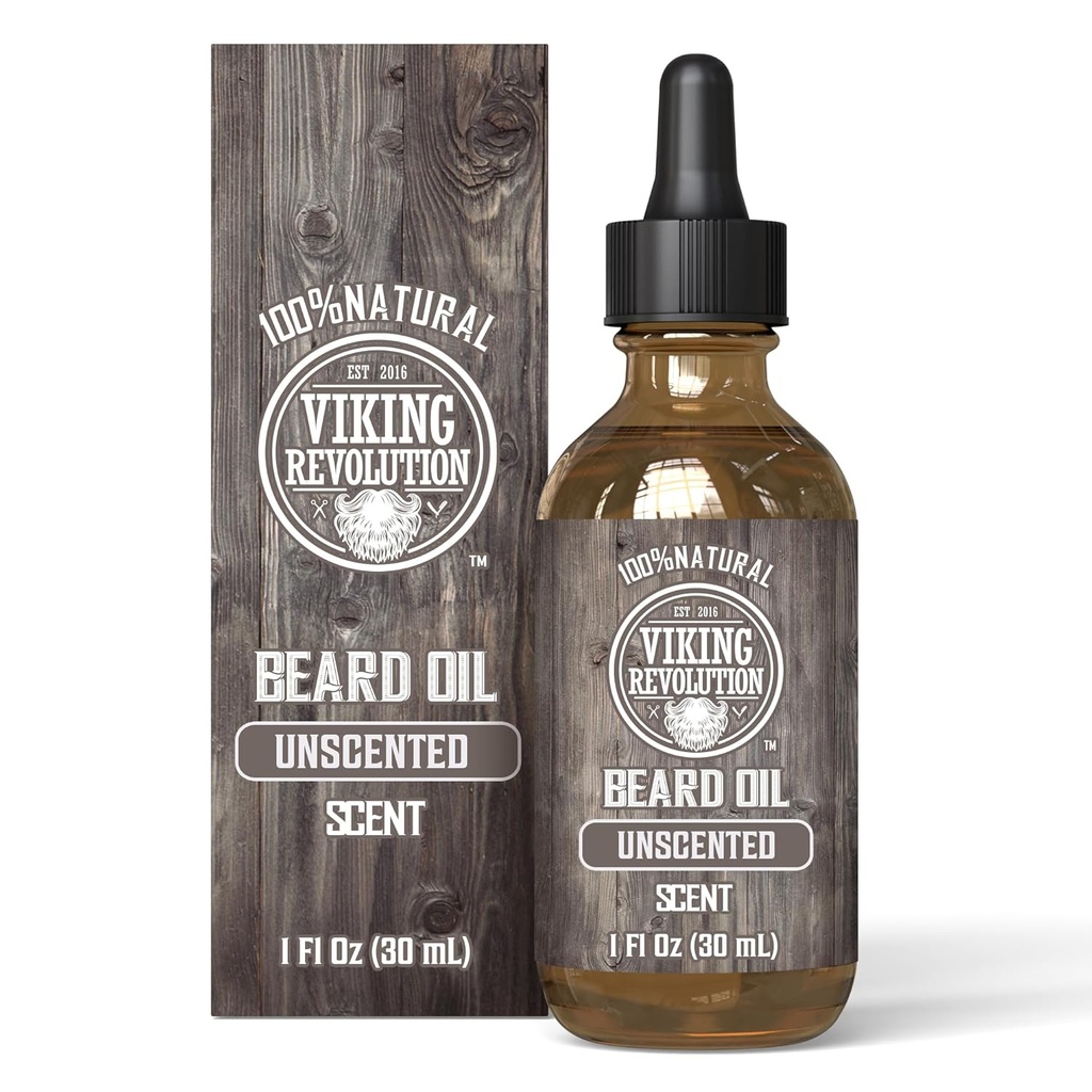 Révolution Viking Huile de barbe non parfumée pour les hommes - Huile de barbe naturelle pour les hommes avec huile d'argan et huile de jojoba - Adoucisseur de barbe, renforce et hydratante - Conditionneur de barbe pour les hommes (Inscented, 1 Pack)