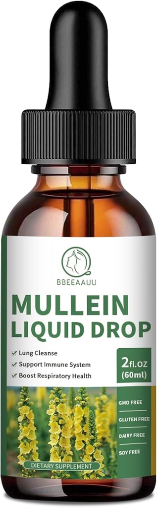 Gouttes de Mullein pour poumons, extrait de feuille de Mullein 1000MG pour support respiratoire, immunitaire et digestif, avec Quercetin, Marshmallow, Elderberry, Graine de Cumin Noir, Bromélain, Non-OGM, Vegan, 2 Fl Oz
