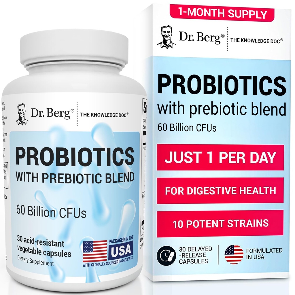Supplément probiotique du Dr Berg (60 milliards d'UFC) - Aide à faciliter la constipation occasionnelle, la diarrhée, le gaz et le blottis* - Pré et probiotiques pour la santé digestive - 30 capsules probiotiques