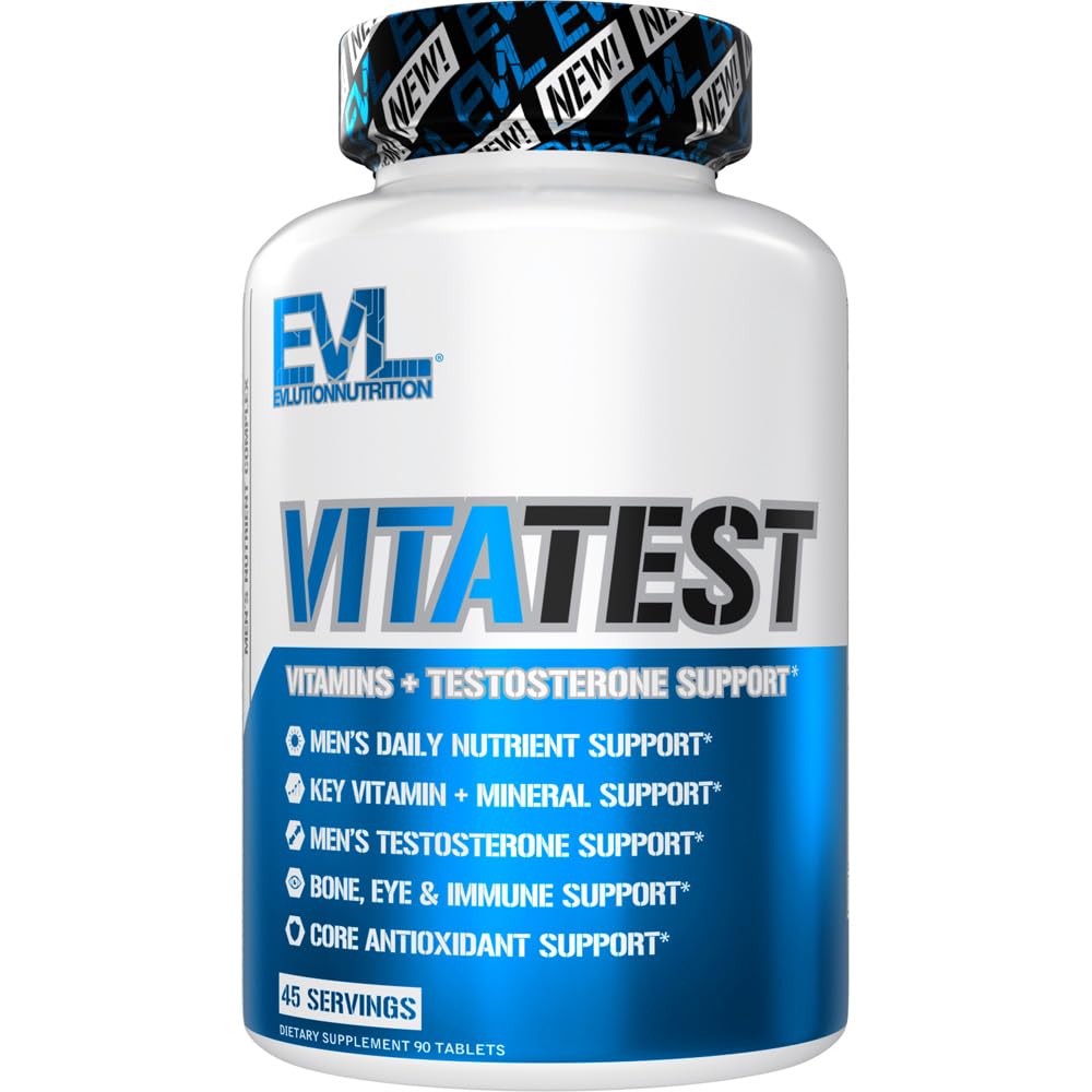 Evluution Nutrition VitaTest - Vitamines + Soutien à la testostérone - Vitamine clé + Support minéral - Hommes Nutrient quotidien & Support à la testostérone - Soutien aux os, aux yeux et aux immunes - 45 portions - 90 comprimés