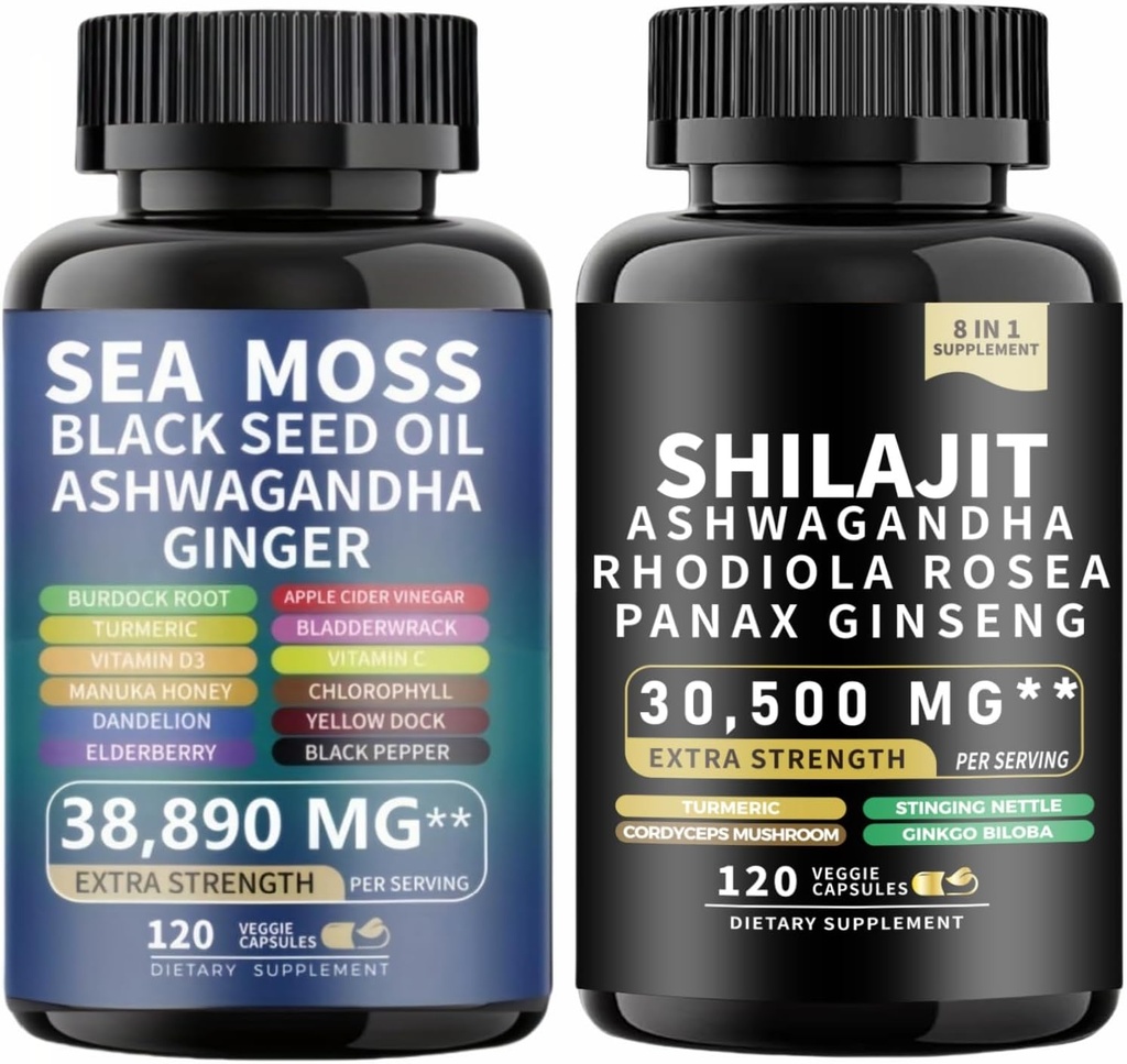 Sea Moss und shilajit Sea Moss Black Seed Oil Ashwagandha Ginger&shilajit rhodiola rosea panax Ginseng (120 Count)
