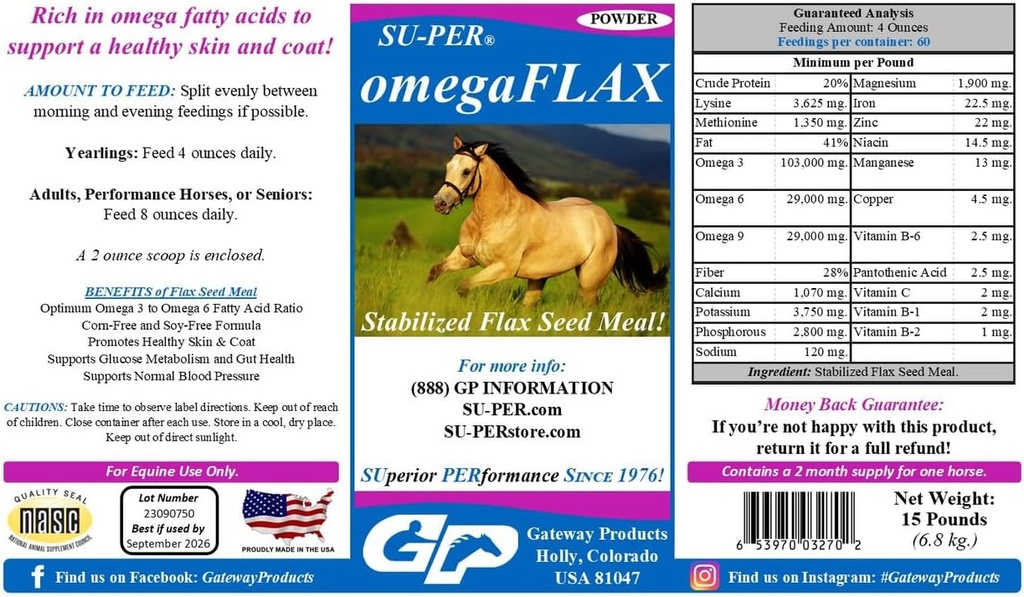 SU-PER OmegaFLAX Flax per cavalli - Premium Stabilized Flax Seed Meal & Omega 3 Supplemento - Supporta pelle sana & Coat - 15 Pound