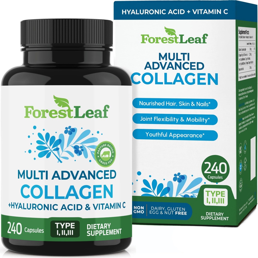 Pillole Multi Collagen ForestLeaf - Collagen Men & Collagen Donna - Integratori di collagene idrolizzati con Vitamina C & Acido Ialuronico - Capsule Collagene per Capelli, Pelle & Unghie (240 Capsule Peptide)