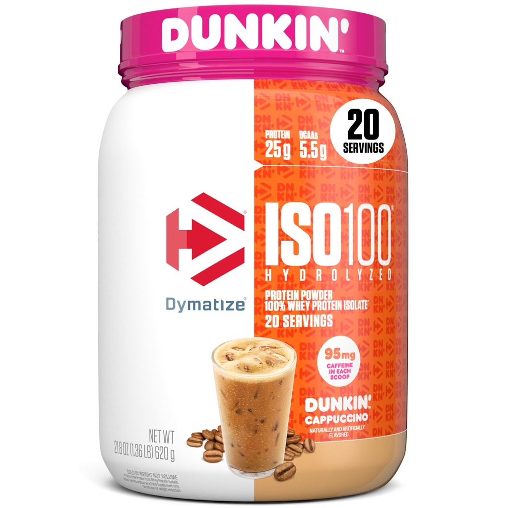 Dymatiser x Dunkin' Cappuccino en poudre de protéines de lactosérum ISO100, 95 mg de caféine, 25g de protéines5,5g BCAA, 120 Cal., sans gluten, 1g de gras, 1g de sucre, 2g de glucides (20 portions)