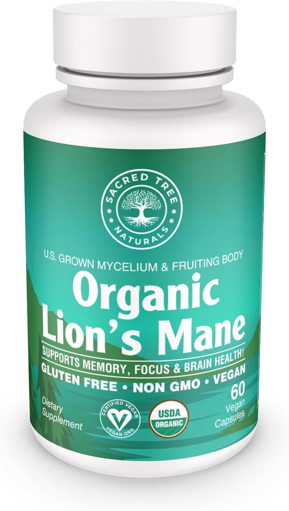 Organic Lion's Mane Mushroom Capsule - 1.000 mg di alta potenza - Brain Boost, Focus & Immune Support - Non-GMO, Vegan, 60 Count