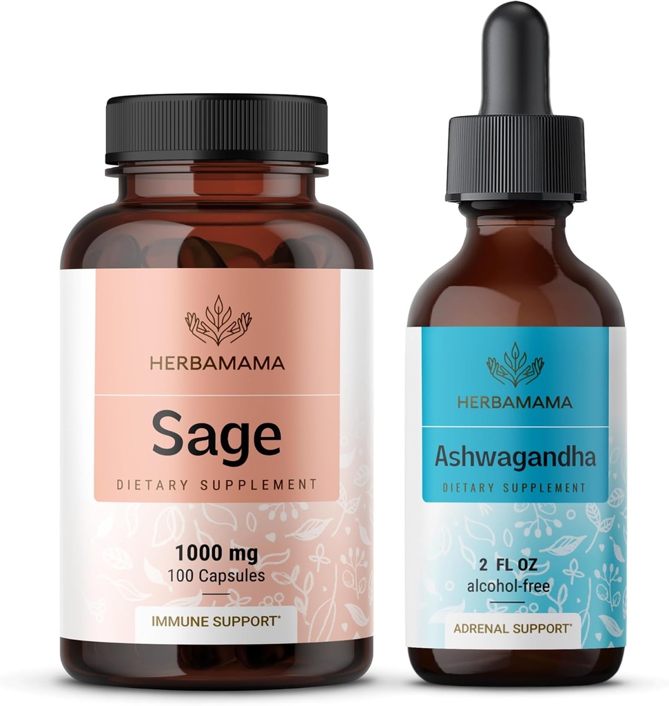 HERBAMAMA Sage and Ashwagandha Kit - Bundle of 1000 mg Sage Leaf Capsules & Ashwagandha Root Tincture 2 fl oz - Vegan, Non-GMO, Sugar & Alcohol-Free - 2 Pack