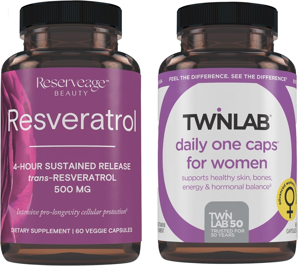 Reserve Beauty Resveratrol 500 mg - Sustained-Release Trans-Resveratrol - Vegan Antioxidante Ergänzung für Gehirn & Herz Gesundheit 60 Kapseln & Twinlab TWL Frauen Daily One 60 ct