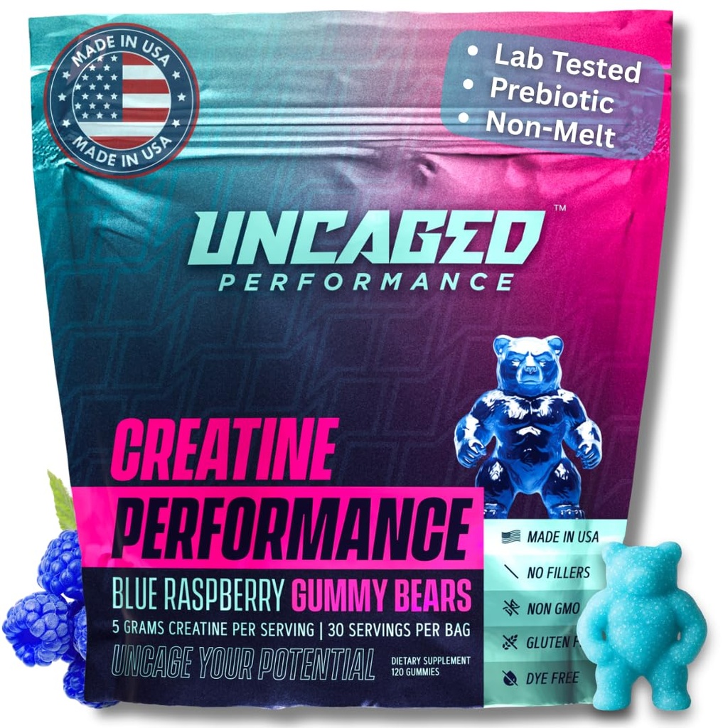 Gommies monohydratées créatine 5G - Delicious Blue Raspberry Flavor, Max Strength for Muscle Growth, Absorbation rapide pour les hommes et les femmes - Premium All Natural, Lab Tested - 30 portions