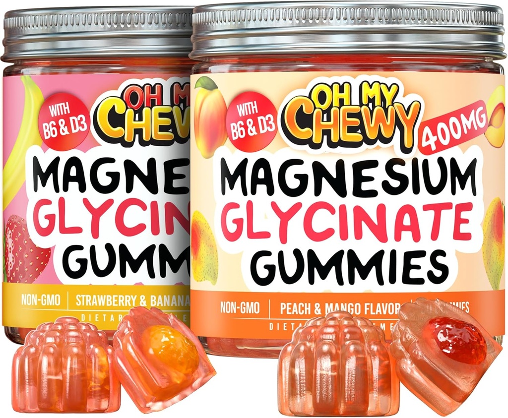 Magnesio Gummies Bundle – 2 bottiglie (60 ciascuno) – Fragola Banana & Peach Mango