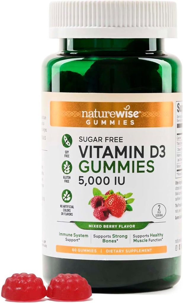 NatureWise Vitamin D3 5000 IU Gummie - Zuckerfreie Mischbeeren Geschmack - Vitamin D Gummie für Erwachsene, unterstützt Immunität, Muskel- und Knochenstärke - Gelatinfrei, Non-GMO- 60 Gummie[1-Monat-Versorgung]