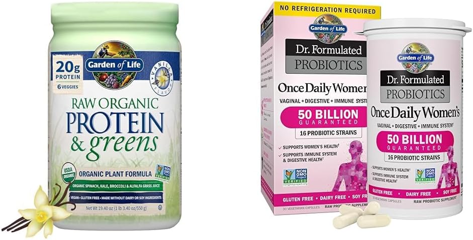 Jardin de la vie Protéines organiques brutes et vertes Vanille - Poudre de protéines végétales pour les femmes et le Dr. Formulé probiotiques pour les femmes une fois par jour, 16 souches, 50 milliards, 30 comtes