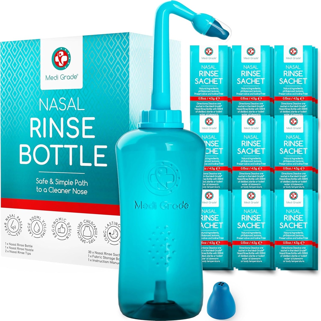 Bouteille de rinçage de niveau Medi, 500 ml avec 30 sachets de rinçage de Sinus - Système complet d'irrigation nasale - Nettoyeur du nez du pot de Neti - Kit de lavage nasal pour la maison ou le voyage - 2 Conseils de rinçage nasal et sac de rangement