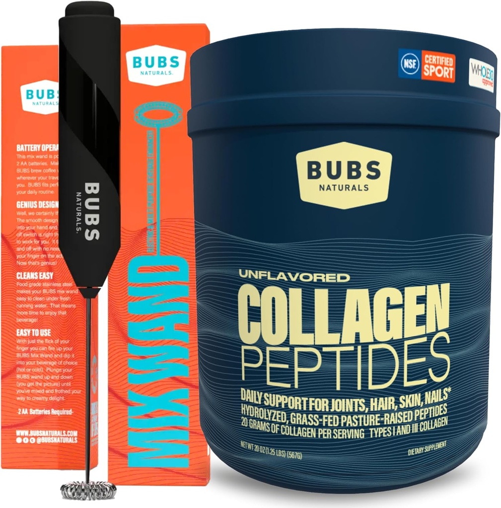 BUBS Naturals Collagen Peptides Powder & Mixing Wand Bundle, Kollagen für Frauen & Männer, hydrolysierte Peptide, Unflavored Weiderasen Fed, Keto Friendly, 20 oz Collagen Tub (28 Servierungen) +1 Wand