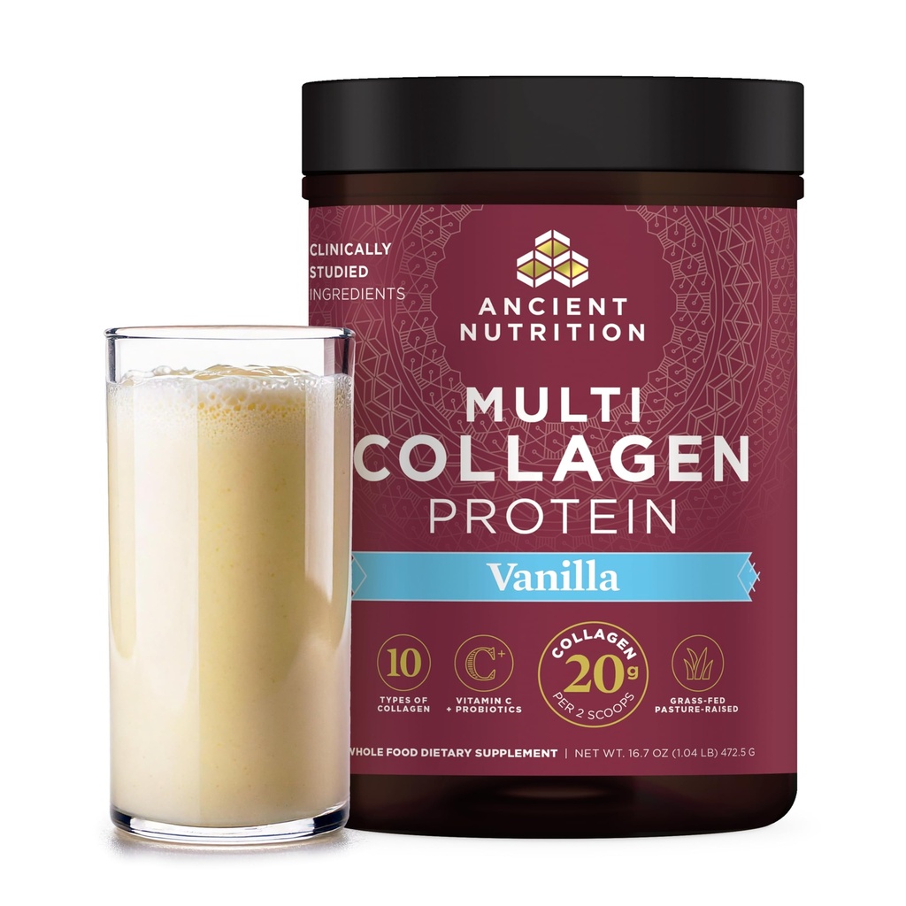 Antike Ernährung Collagen Peptide Pulver, Multi Collagen Protein, Frauen & Männer, Vitamin C, Probiotika, hydrolysiertes Kollagen, Unterstützt Haut, Gelenke, Gut Health, Vanille, 45 Servierungen