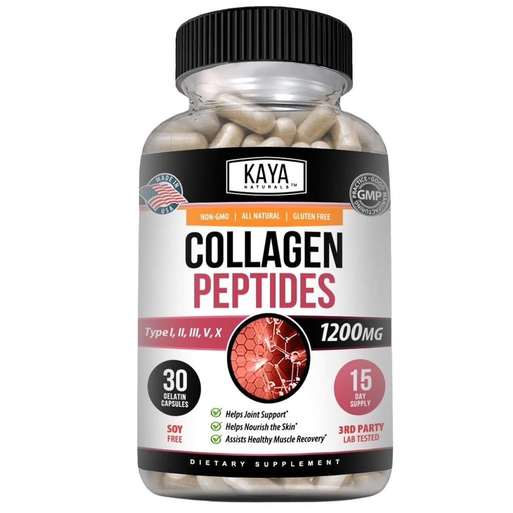 Kaya Naturals Multi Collagen Peptides Complex Powder for Women and Man, Vital for Hair, Haut, Nägel und Anti-Aging, Typen I, II, III, V & X Collagen Protein Blend | Kapseln - 30 Count Supplement
