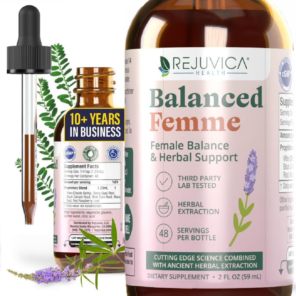 Rejuvica Health Balanced Femme - Advanced Female Balance Support Supplement - Flüssige Lieferung für bessere Absorption - Vitex, Dong Quai, Black Cohosh, Maca Wild Yam & More!