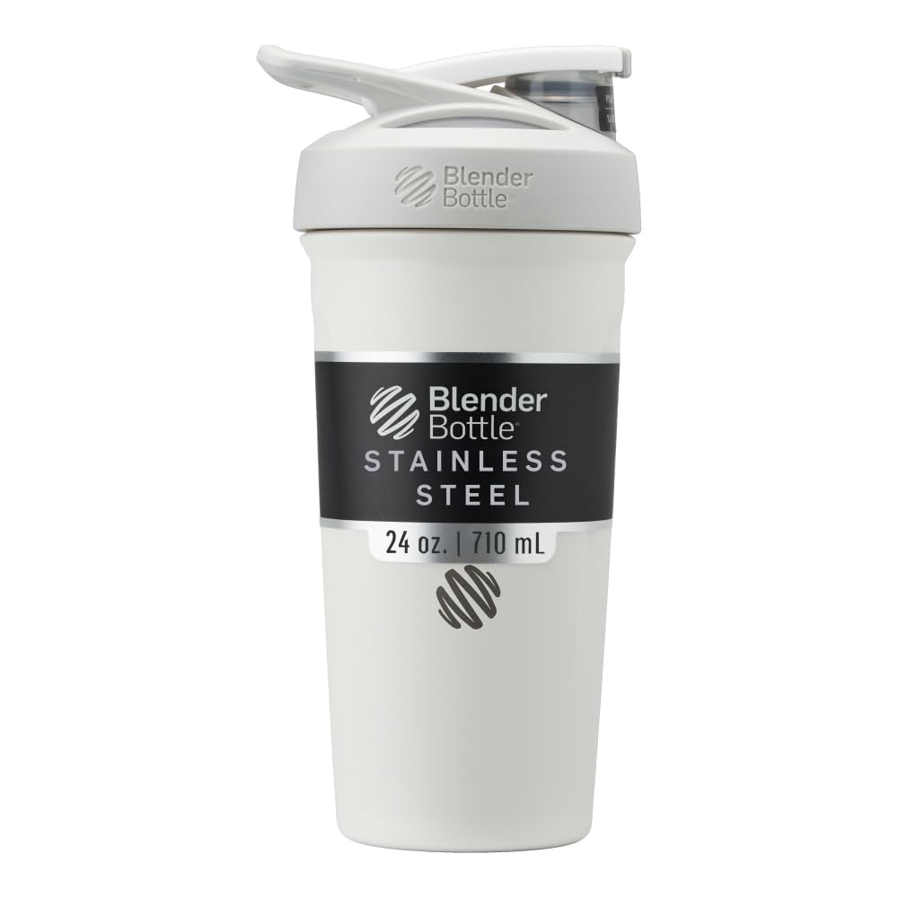 BlenderBottle Strada Shaker Cup Bottiglia di acqua isolata in acciaio inox con filo Whisk, 24-Ounce, bianco