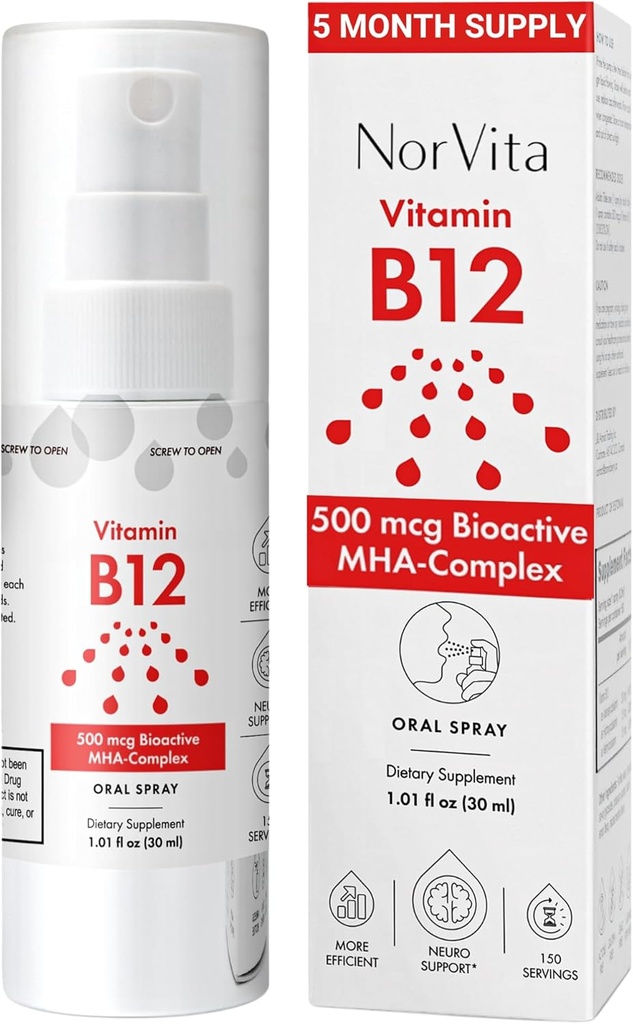 Vitamin B12 Spray 500 mcg (150 Servings) - Quick Absorption MHA Complex (Methylcobalamin, Hydroxycobalamin, Adenosylcobalamin) - Vegan, Non-GMO, Liquid B12 Supplement