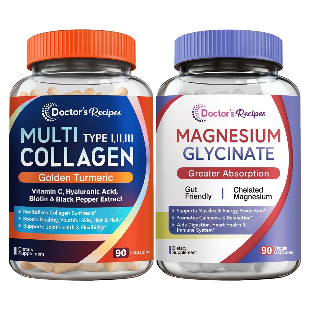 Ärzte Rezepte Multi Collagen Complex & Magnesium Glycinate Bundle, Ganzkörperverjüngung, Relax & Relief, Collagen Kapseln 90 ct & Magnesium Kapseln 90 ct