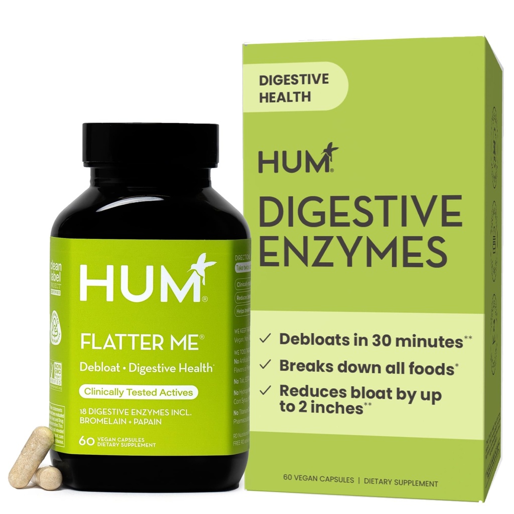 HUM Flatter Me Digestive Enzyme für Frauen und Männer, Verdauungs-Gesundheits-Bloating-Ergänzung mit Ginger & Peppermint Blatt, Fast Acting Anti Bloat Pills Multi Enzyme für Debloating, Vegan, 60 Kapseln