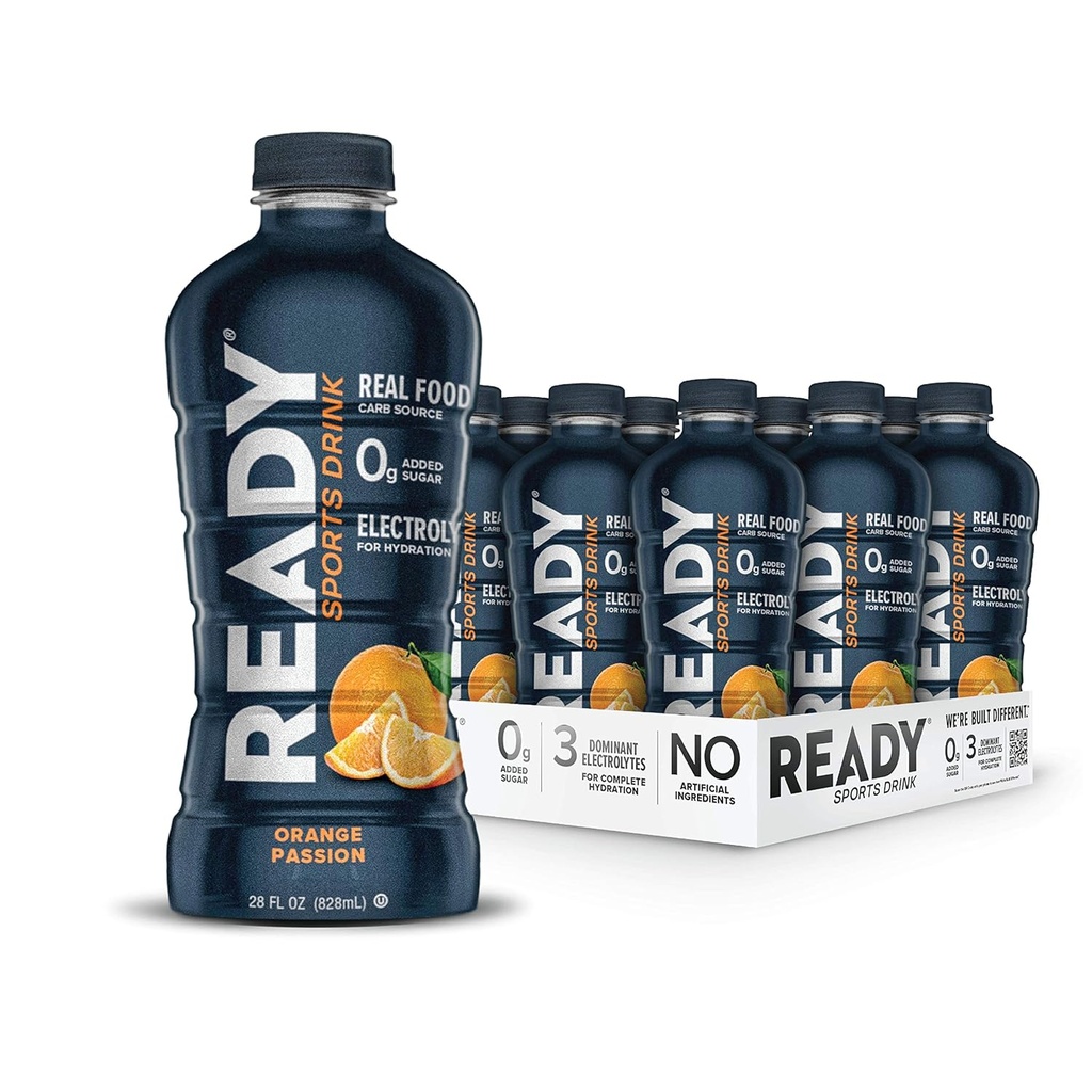 Ready® Sports Drink – Electrolyte Hydration con Super Fruit Carbs, B Vitamins & No Aggiunto Zucchero – Energia pulita per atleti e resistenza – Senza glutine, Vegan, Kosher – Arancione Passion (12-Pack)