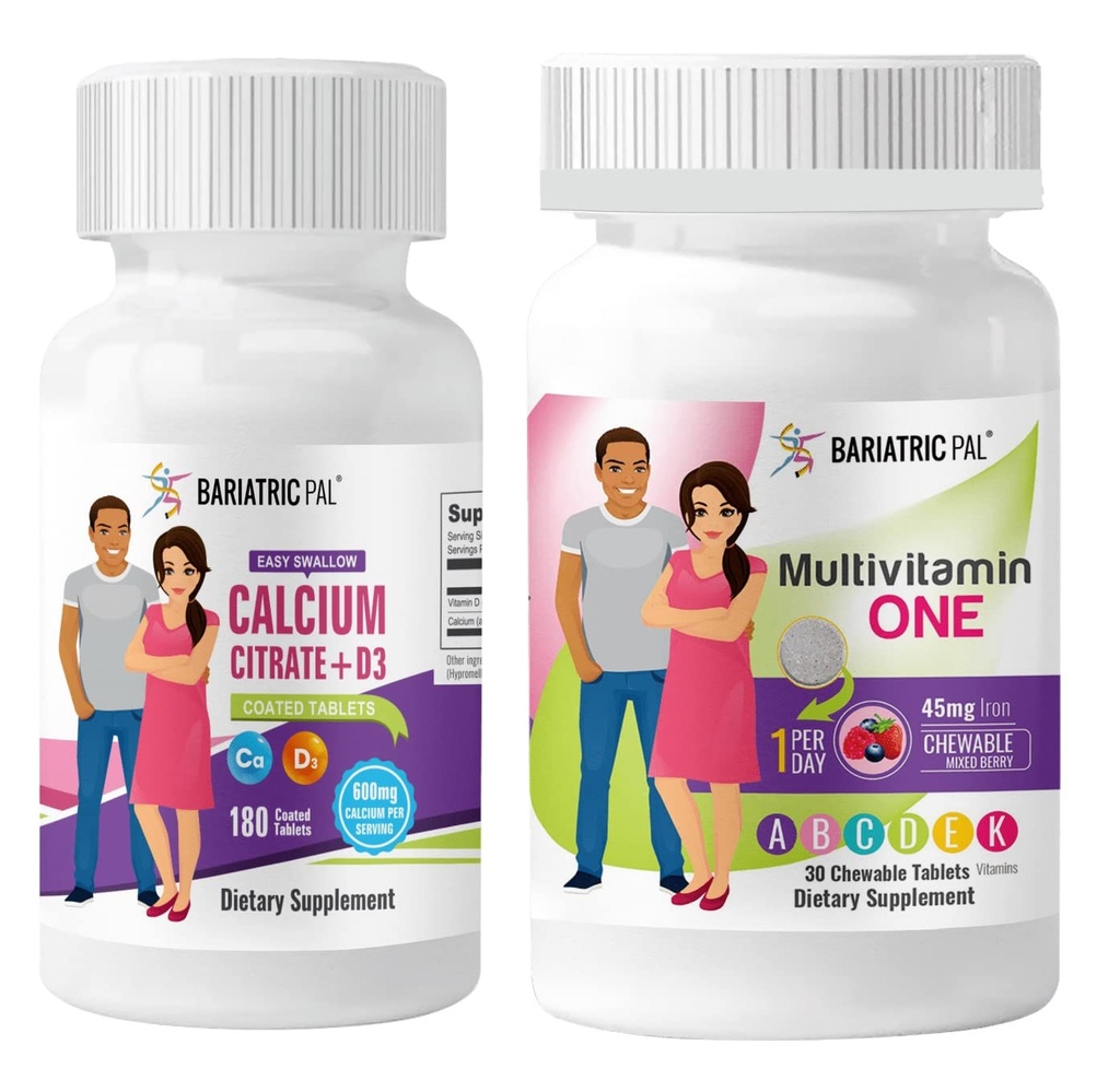 BariatricPal 30-Day Bariatric Vitamina Bundle Multivitamin ONE 1 al giorno! Masticabile con ferro da 45 mg - Bacca Mista e Citrato Calcium Ingombro Facile (600mg) e Tablet Coated D3