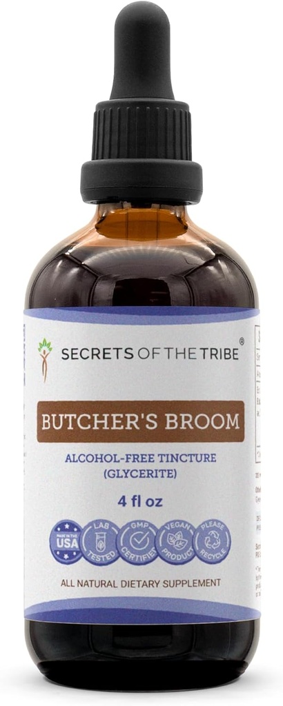 Secrets of the Tribe Butcher's Broom Tincture Alcohol-Free Liquid Extract, Butcher's Broom (Ruscus aculeatus) Getrocknete Wurzel (4 FL OZ)
