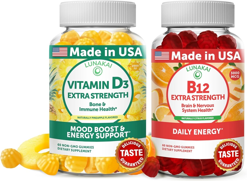 Lunakai Vitamin D3 und Vitamin B12 Gummi Bundle - Immunität, Knochen und Stimmung Unterstützung VIT D3 2000IU Supplement - 3000mcg Methylcobalamin Hohe Absorption Energie Gummy - 30 Tage Versorgung