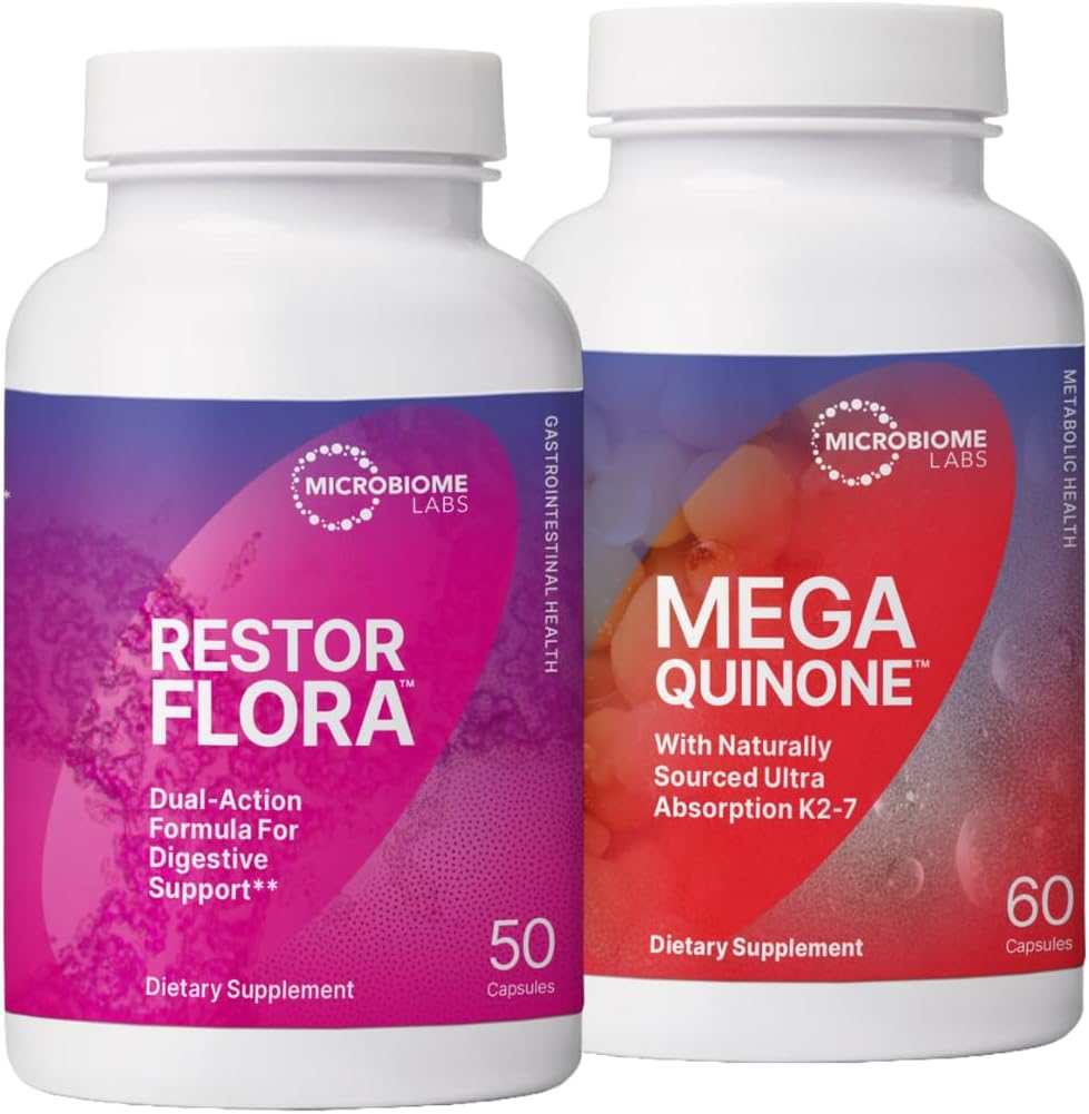 Microbiome Labs RestorFlora Spore & Yeast Probiotics Supplemento (50 capsule) + MegaQuinone K2-7 Vitamina Completa K Supplemento Vitamina K1 & K2 MK-7 K2 con Magnesio & Zinc (60 capsule) - 2 Prodotti