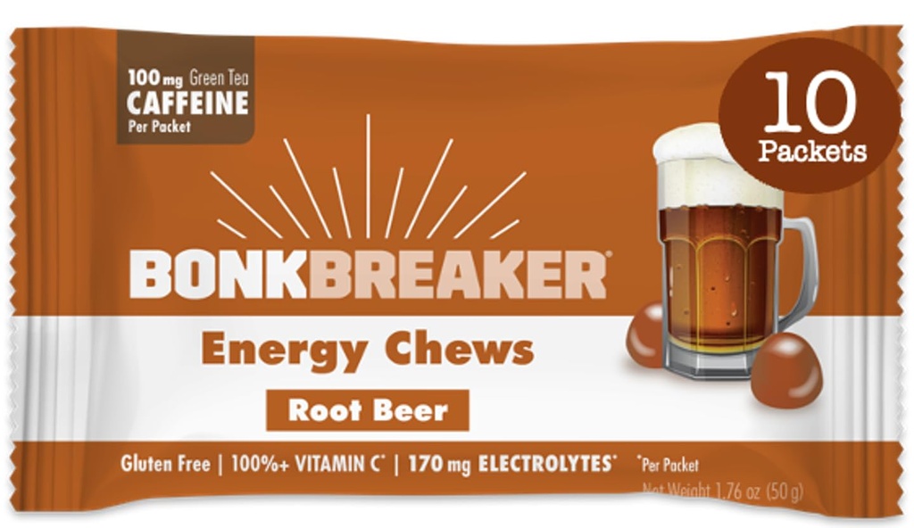 Bonk Breaker Energy Chews, Dairy-Free, Gluten-Free Zutaten, um schnelle Energie und Fokus, 1 Box von 10 Paketen, Root Beer