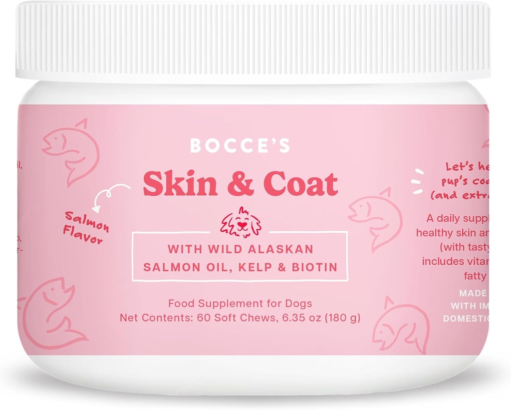 Bocce's Bakery Skin & Coat Supplement für Hunde, Daily Chews Made in USA mit Vitamin E & Essential Fatty Acids, Unterstützt gesunde Haut & Coat, Lachs, 60 ct, Red (DG-SP-SKIN60)