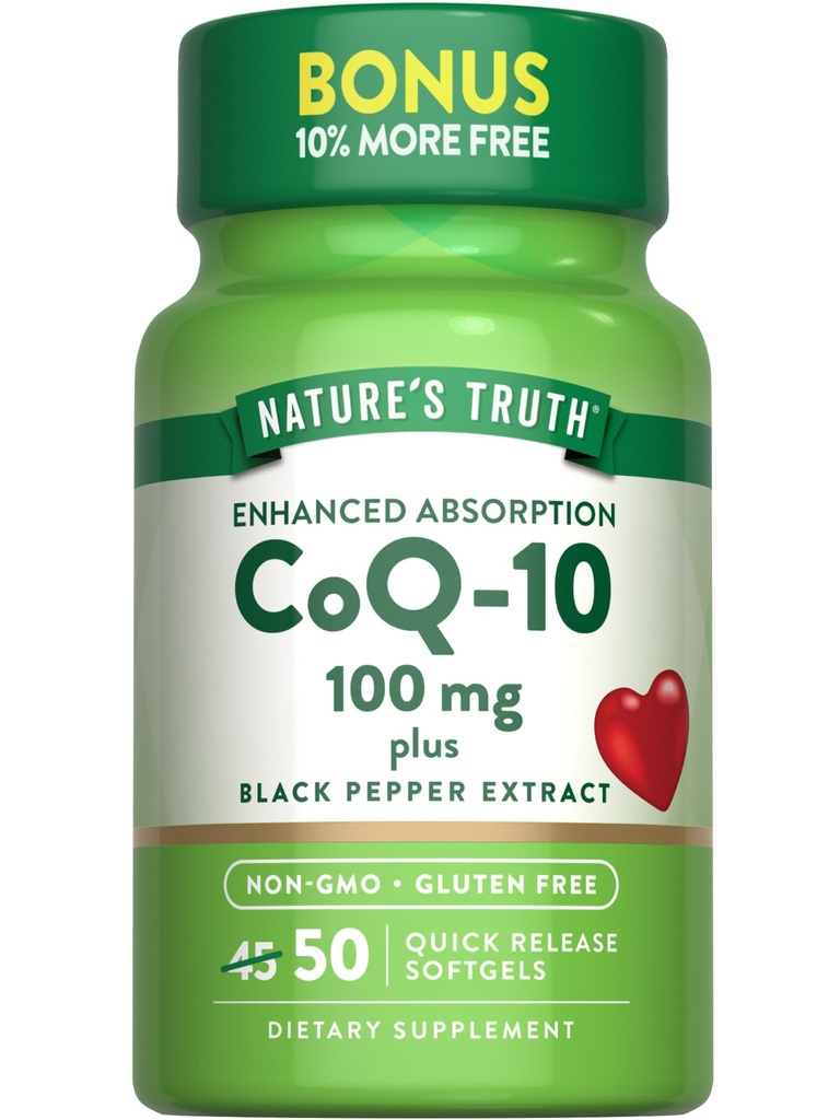 Nature's Truth CoQ10 100mg | 50 Softgels | Plus Black Pepper Extract | Non-GMO und glutenfreie Ergänzung