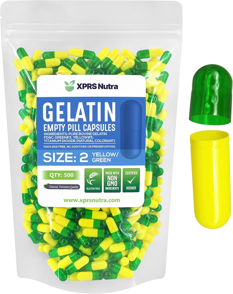 XPRS Nutra Size 2 Capsule Vuoti - 500 Conta capsule Gelatine Vuote - Pillole Riempimento Capsule fai da te - Pure Bovine Pill Gel Caps per Do-It-Yourself Supplements (Green/Yellow)