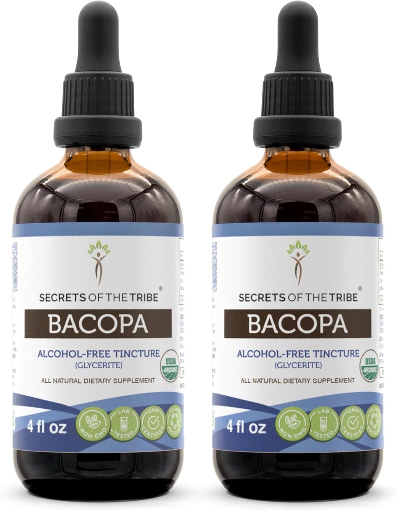 Secrets of the Tribe Bacopa USDA Organic | Alkoholfreier Extrakt, hochkarätige Kräutertropfen | Hergestellt aus 100% Certified Organic Bacopa (Bacopa Monnieri) Getrocknete Kräuter 2x4 Unze