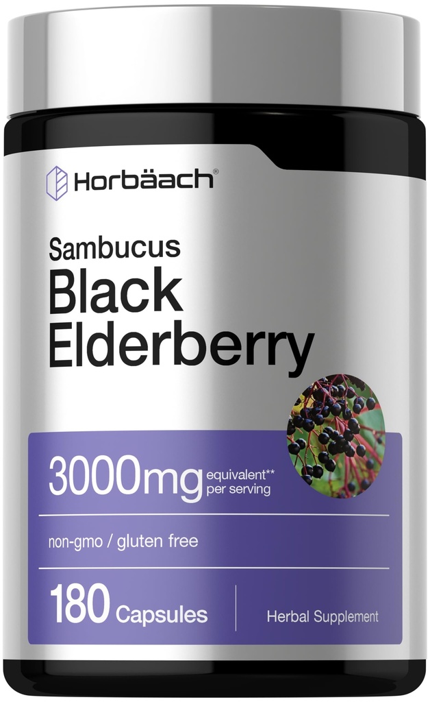 Horbäach Black Elderberry | 3000mg Kapseln | 180 Count | Non-GMO, Gluten Free | Sambucus Extract Supplement
