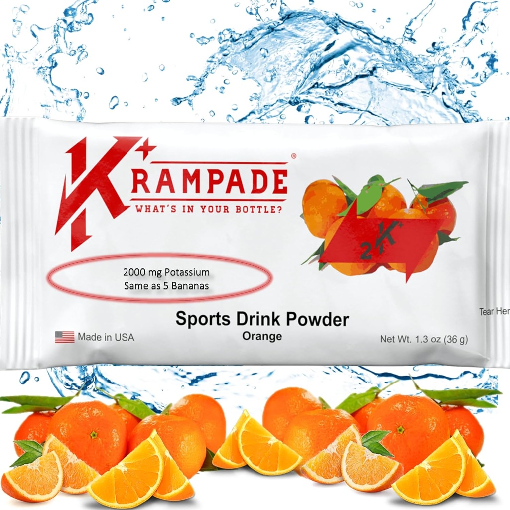 Krampade Original 2K - 2000 mg Kalium Elektrolyt Pulver Getränke Mix | Cramp Relief - Hydration - Erhöhte Leistung | Orange - 20 Single Servierpakete