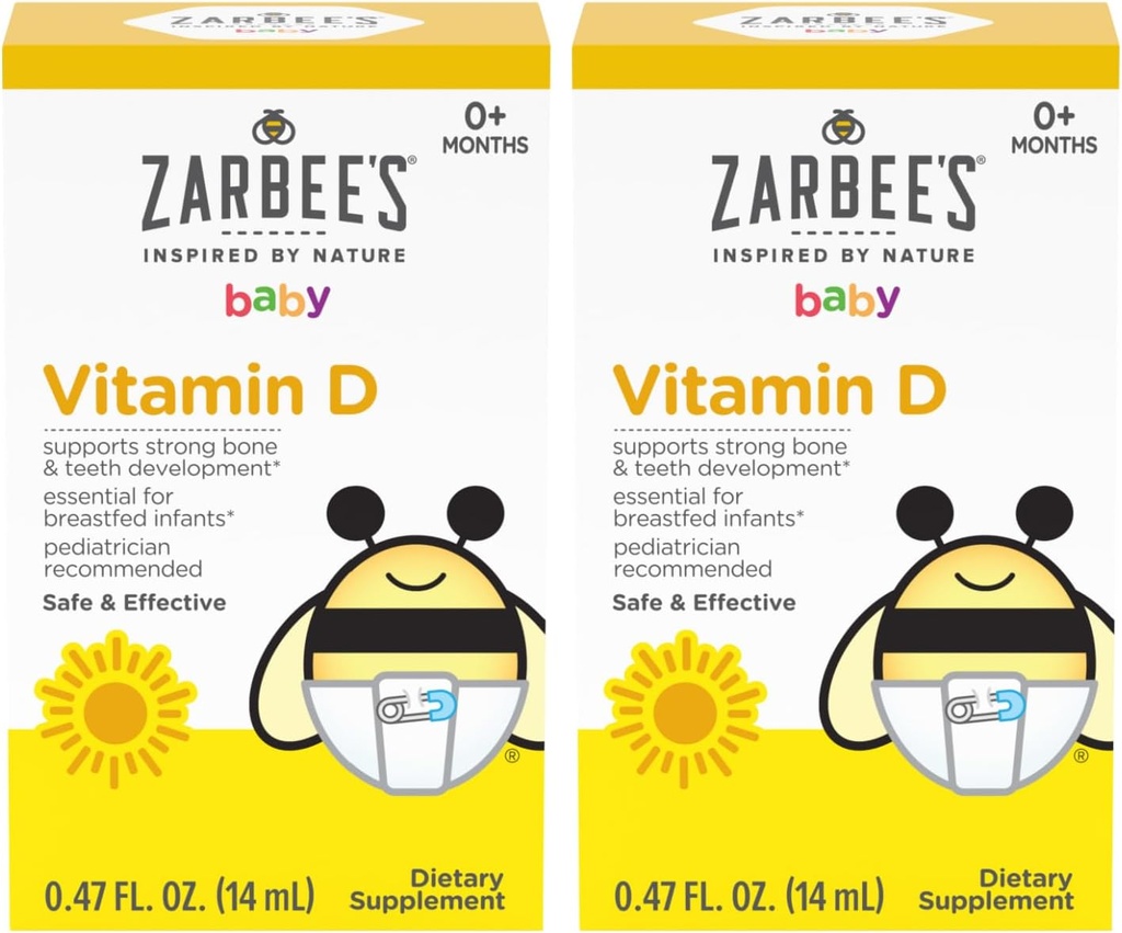 Gocce di vitamina D di Zarbee per bambini, 400IU (10mcg) Supplemento di liquido del bambino e del bambino, Neonato e su, Siringa del contagocce incluso, Confezione da 2 bottiglie da 0,47 Fl Oz