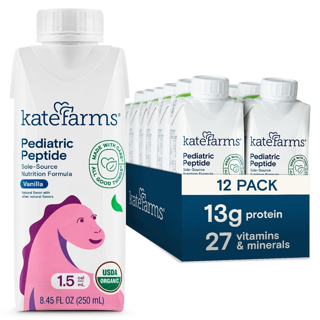 KATE FARMS Organische pädiatrische Peptide 1.5 Formel, Vanille, Sole-Source-hydrolysierte pflanzenbasierte Ernährung für Mund- oder Rohrfütterung, 8.45 Unze (12 Packung)