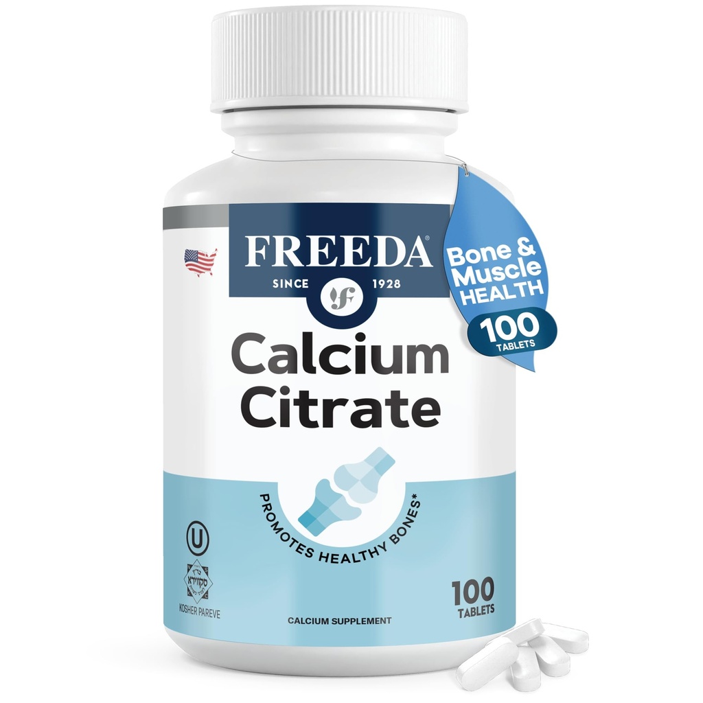 Freeda Kalzium Citrat – Kosher Vegan Knochenstärke Supplement – unterstützt Knochendichte & Muskelfunktion – Kalzium 1000mg pro Servierung – kein Vitamin D – (100 Tabletten)