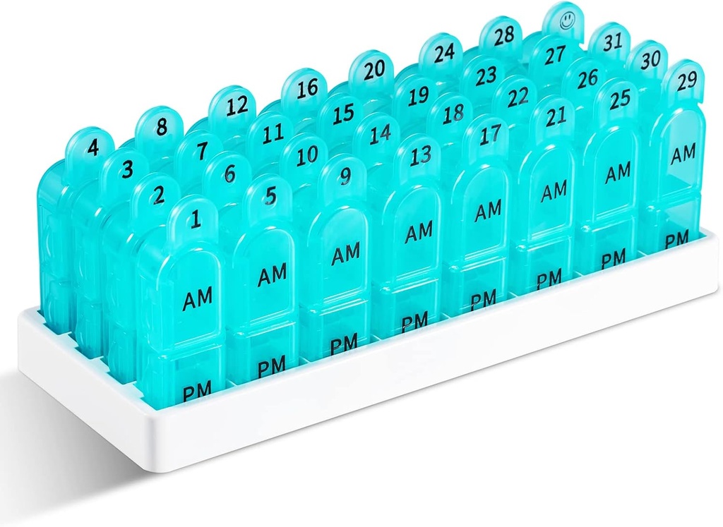 Daviky Monatliche Pille Organizer 2 Mal pro Tag, 30 Tage Pille Box AM PM mit separatem Container, Ein Monat Medizin Fall zweimal pro Tag Vitamine, Ergänzungen und Medikamente (Cyan)