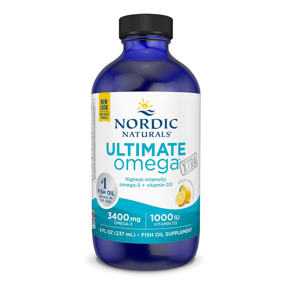 Nordic Naturals Ultimate Omega Xtra Liquid, Lemon Flavor - 8 oz - 3400 mg Omega-3 + 1000 IU Vitamin D3 - EPA & DHA - Gehirn, Herz, Gelenke & Immune Gesundheit - Non-GMO - 48 Servierungen