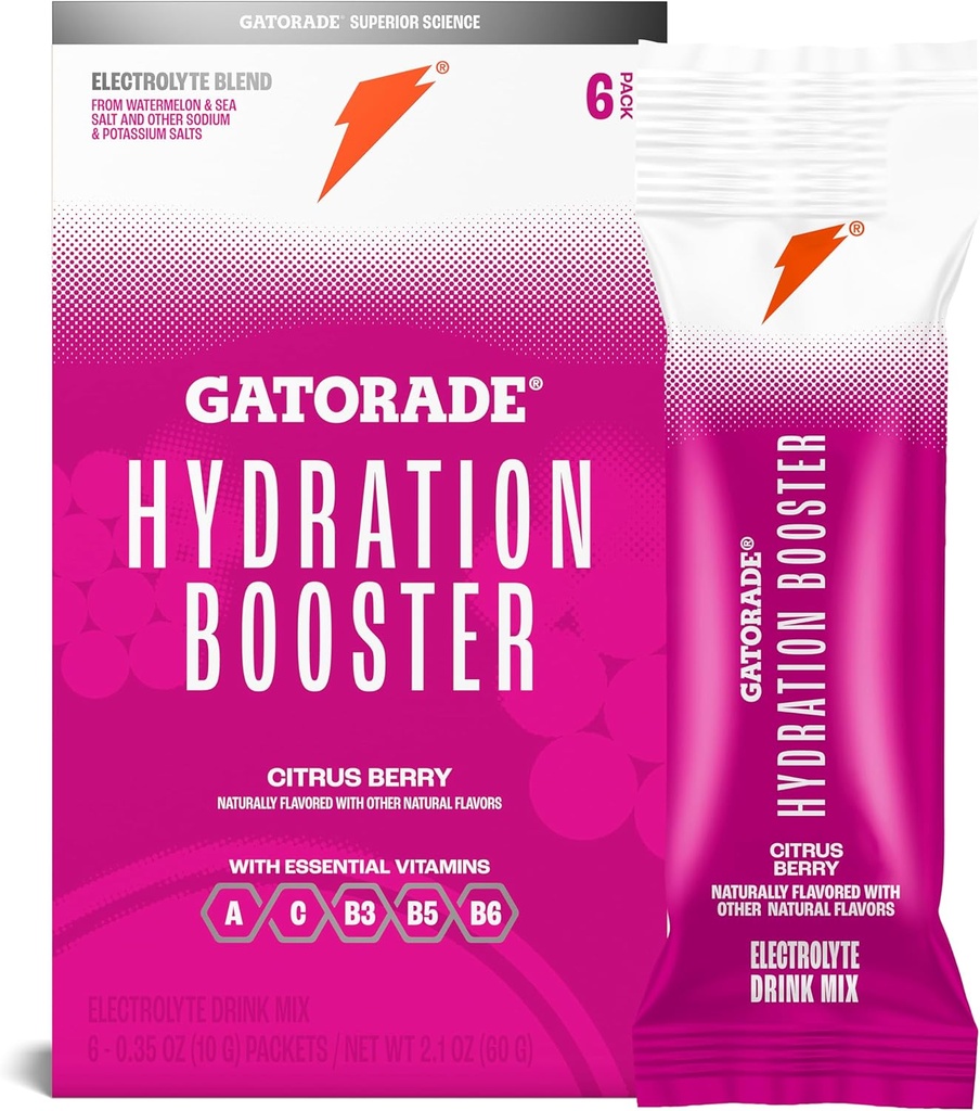 Gatorade Hydration Booster Elektrolyt Getränke-Mischpulver-Packets, Citrus Berry, Advanced Electrolyte Blend, keine hinzugefügten Farben, keine künstlichen Süßungsmittel, essentielle Vitamine A, C, B3, B5, B6, macht 20 Fl Oz, (6 Pack)