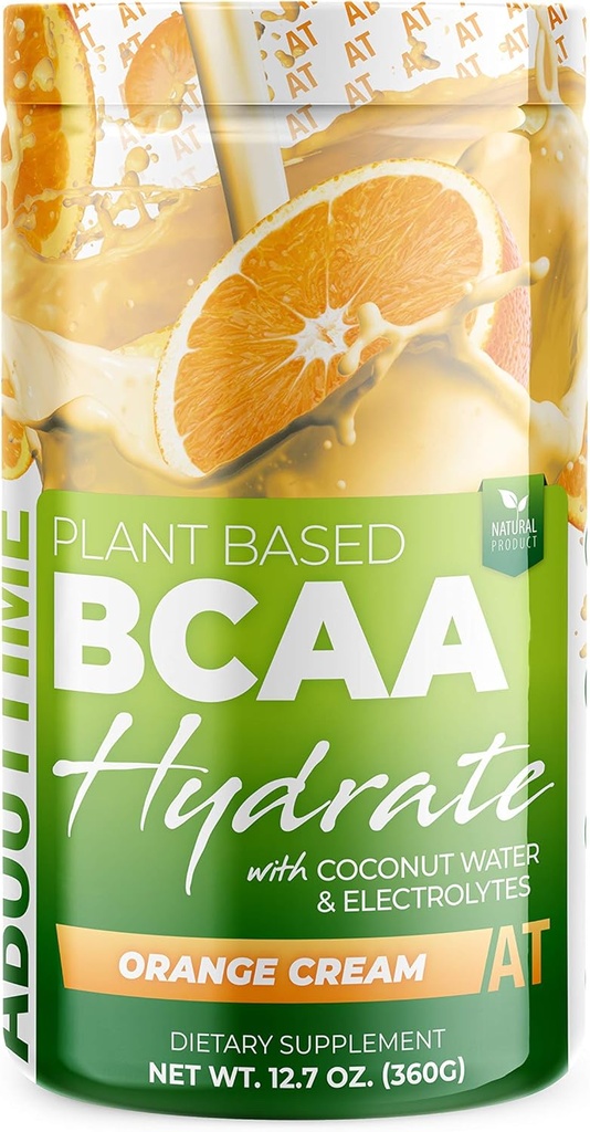 Au sujet du temps BCAA poudre d'hydratation crème orange, avec L-glutamine et électrolytes, non-OGM, sans gluten, fruits de moine, eau de coco, 20 portions
