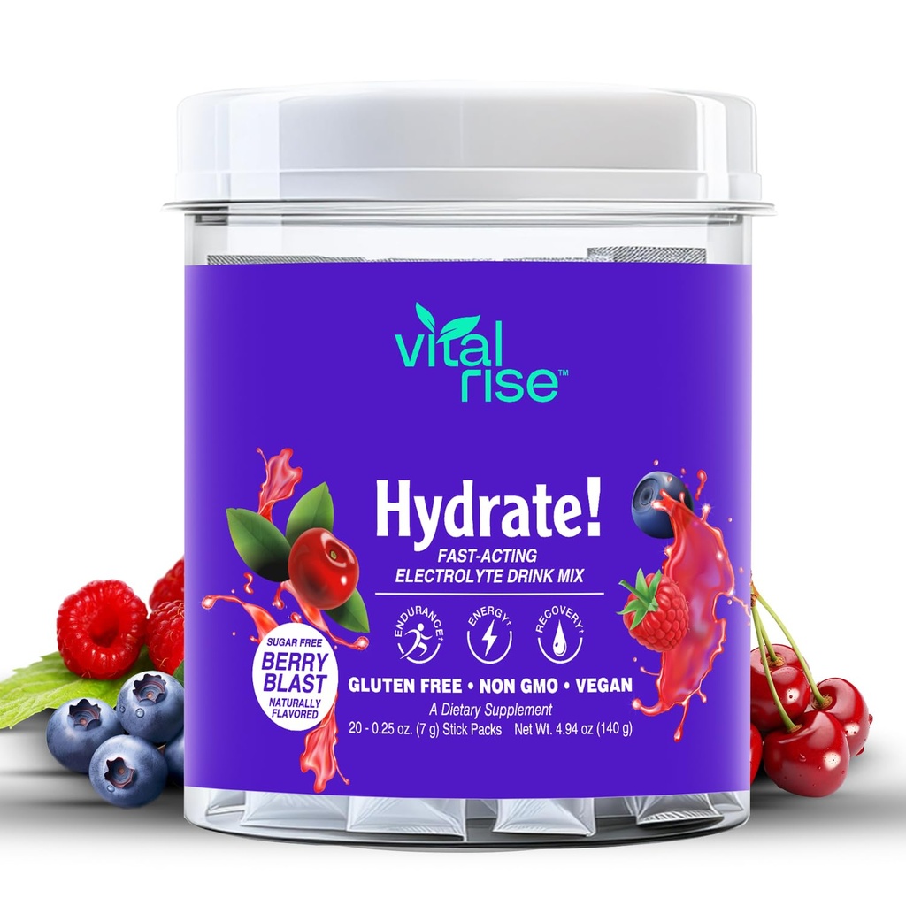 Vital Rise® Hydrate! - Berry Blast - Hydration Powder Packets | Low Sodium Electrolyte Drink Mix | Easy Open Single-Serving Stick | Non-GMO | 20 Portionen (Pack von 1)